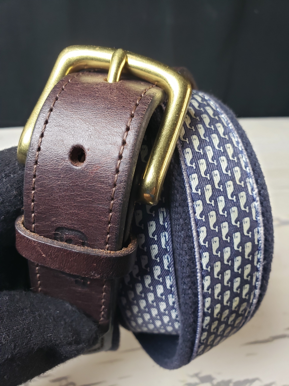 Vineyard Vines Navy Whale-Print Webbing Belt with Brown Leather - Picture 4 of 16
